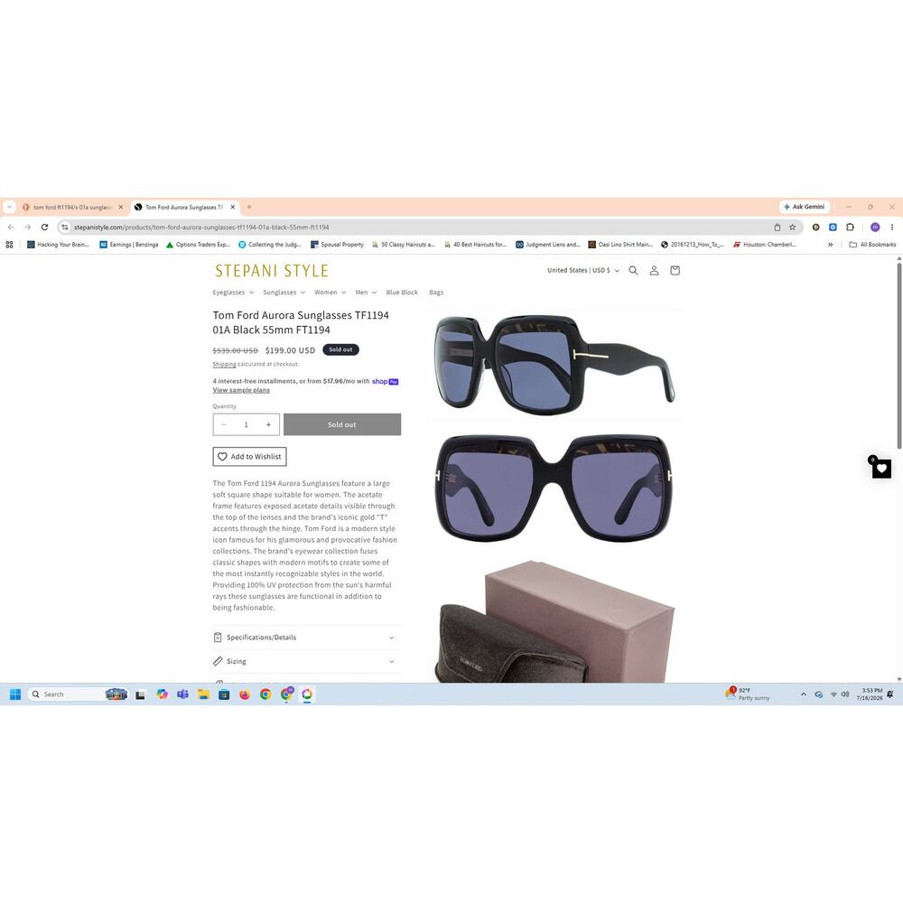$625 NIB Tom Ford Aurora Sunglasses Square Lens TF1194 01A Black 55mm FT1194 - Picture 5 of 5